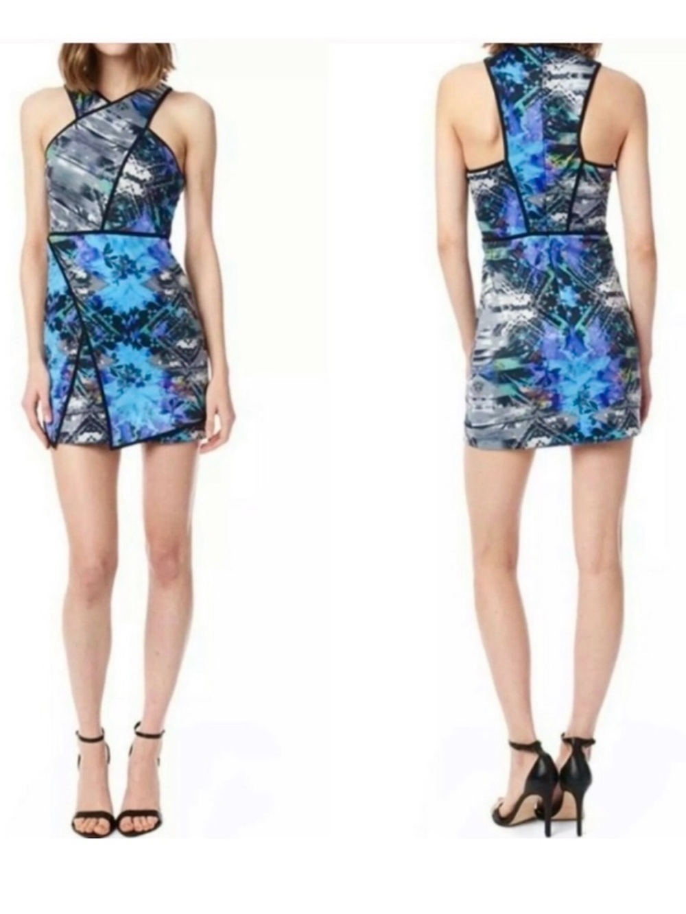 Parker Tobias Printed Asymmetrical Wrap High Neck Scuba Halter Mini Dress- XS
